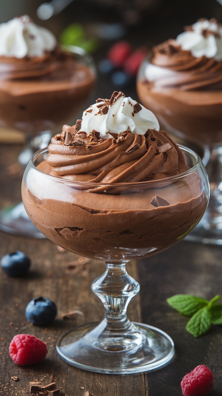 A rich chocolate mousse in a glass bowl, topped with whipped cream and chocolate shavings, on a wooden table with fresh berries.