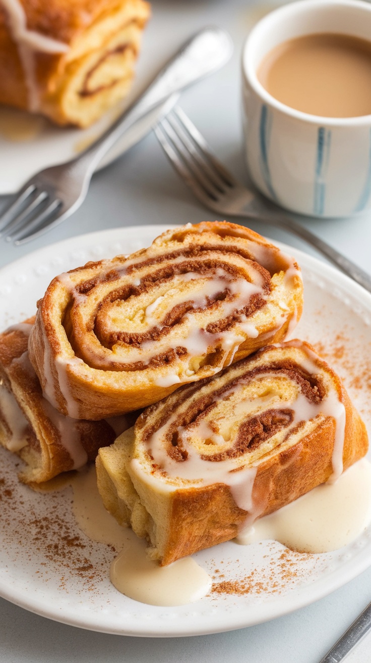 Golden brown Cinnamon Roll French Toast Roll-Ups drizzled with icing, served on a plate with coffee.