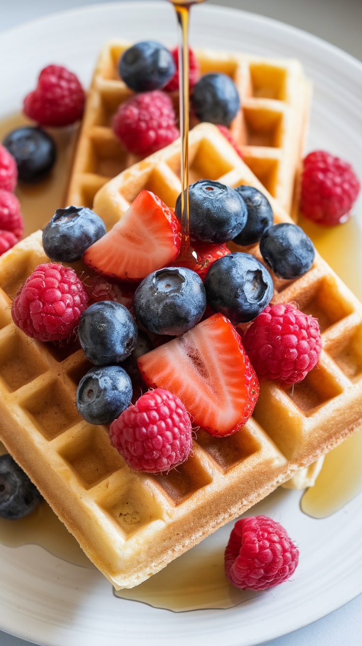 Delicious almond flour waffles topped with fresh strawberries, blueberries, and raspberries, drizzled with syrup.