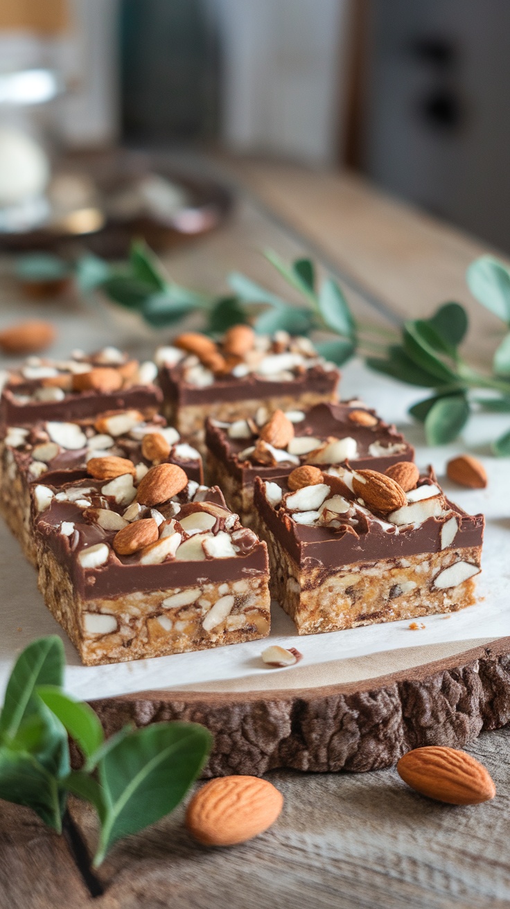 Almond Joy Protein Bars with chocolate and almond toppings