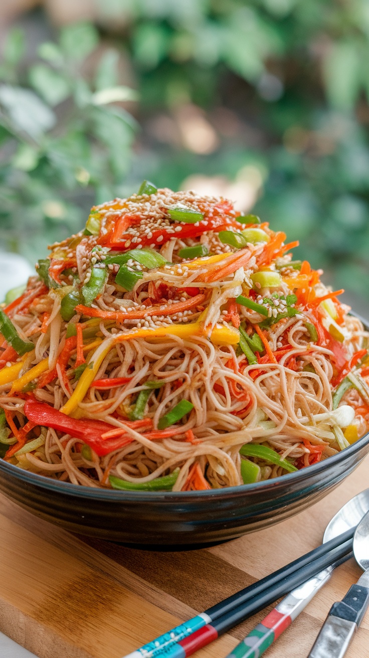 A colorful bowl of Asian Noodle Salad with fresh vegetables and sesame dressing.