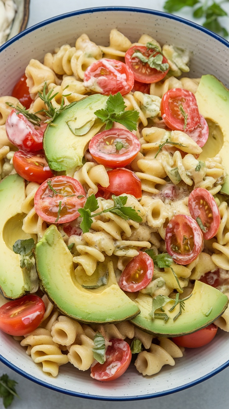 A bowl of avocado and tomato pasta salad with fresh ingredients.