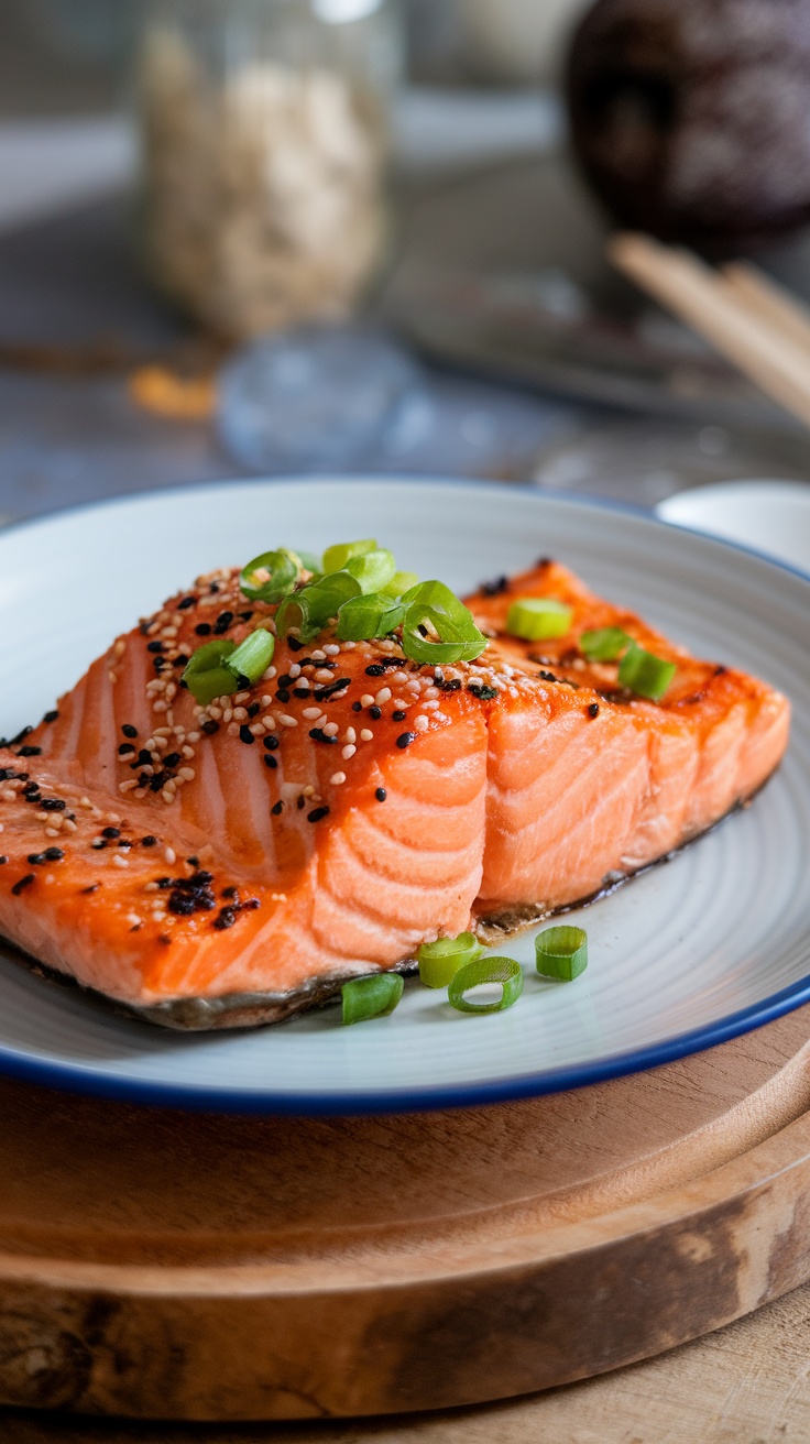 Baked teriyaki salmon with green onions and sesame seeds on a plate.