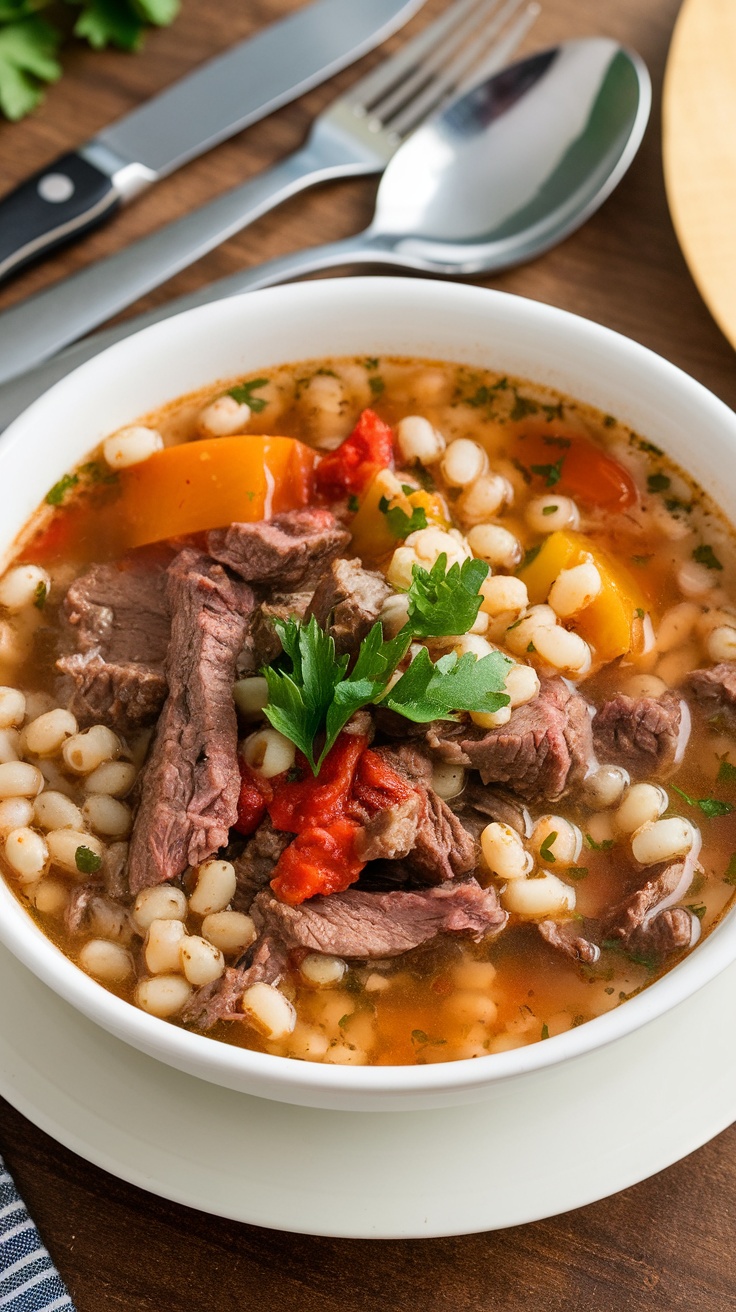 A bowl of hearty beef barley soup with chunks of meat, vegetables, and barley.