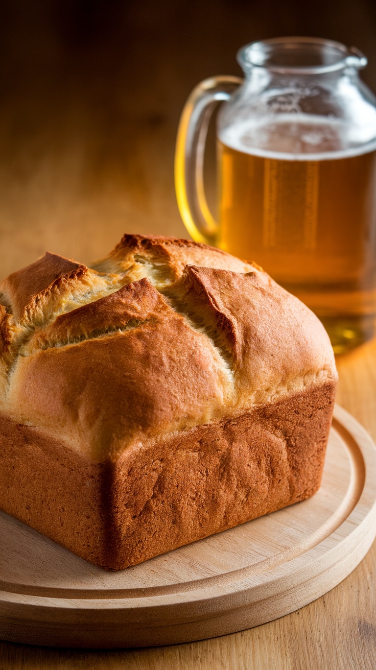 Freshly baked loaf of beer bread on a wooden board.