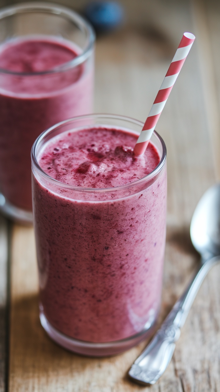 Berry cottage cheese smoothie in glasses with a straw