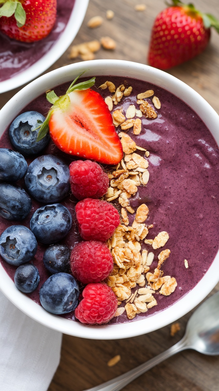 A vibrant berry protein smoothie bowl topped with fresh strawberries, blueberries, raspberries, and granola.