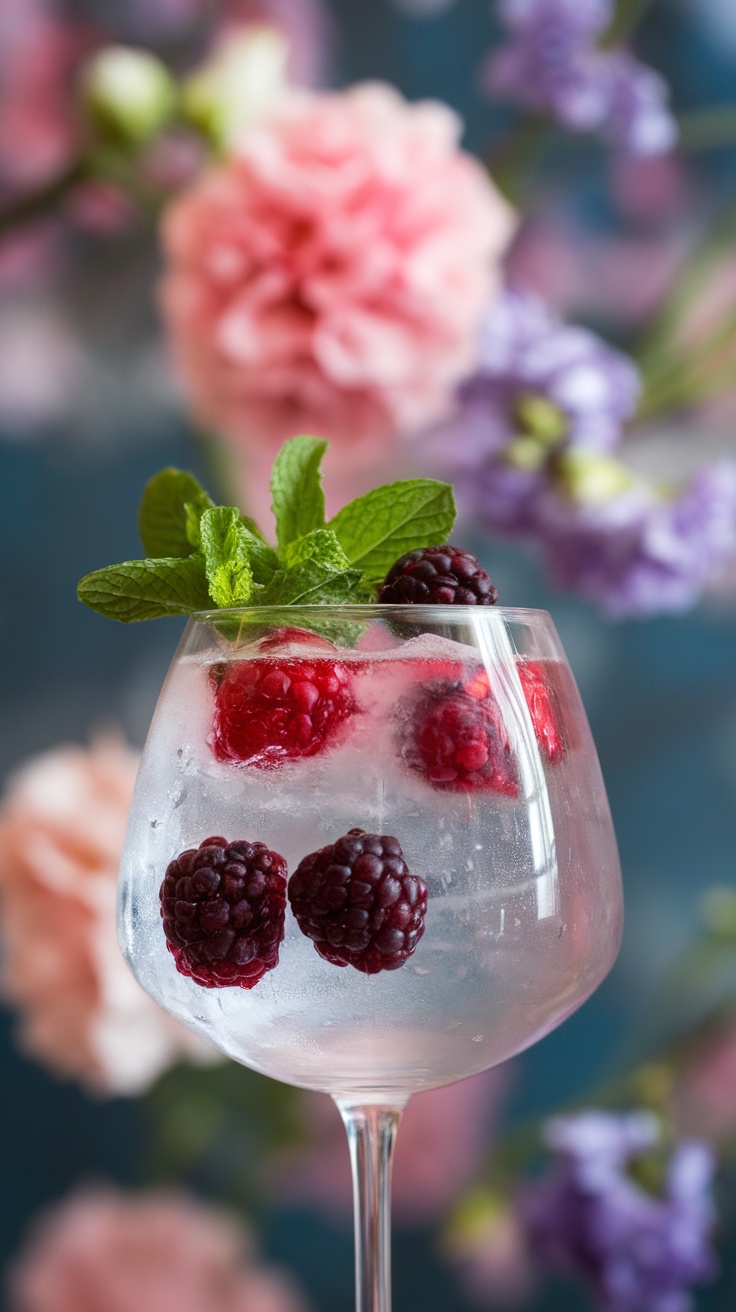 A glass of Blackberry Gin Fizz garnished with mint and fresh blackberries, surrounded by soft floral backgrounds.