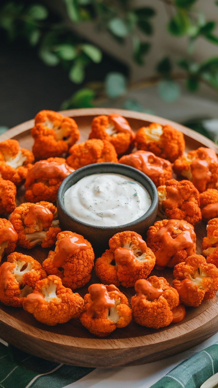 Buffalo cauliflower bites with ranch dip on a wooden platter