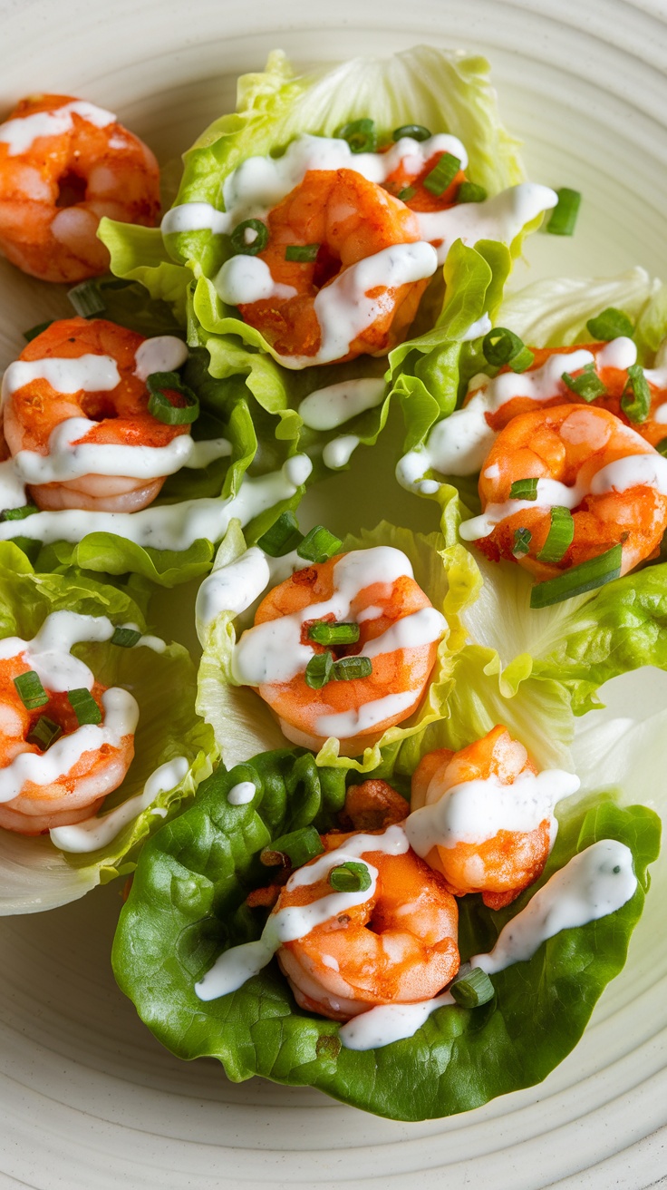 Buffalo shrimp served in lettuce wraps, topped with ranch dressing and green onions.