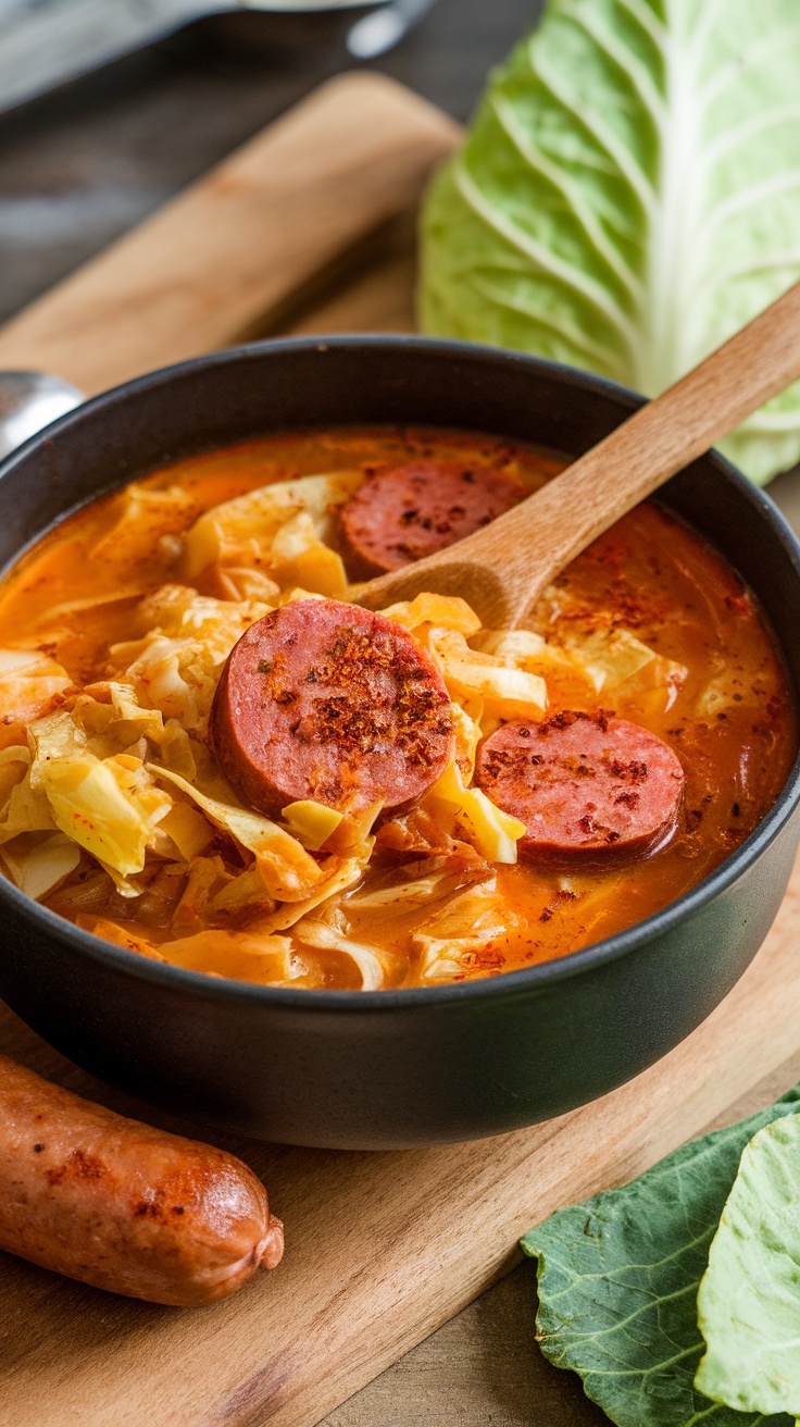 A bowl of cabbage and sausage soup with slices of sausage and chopped cabbage visible.