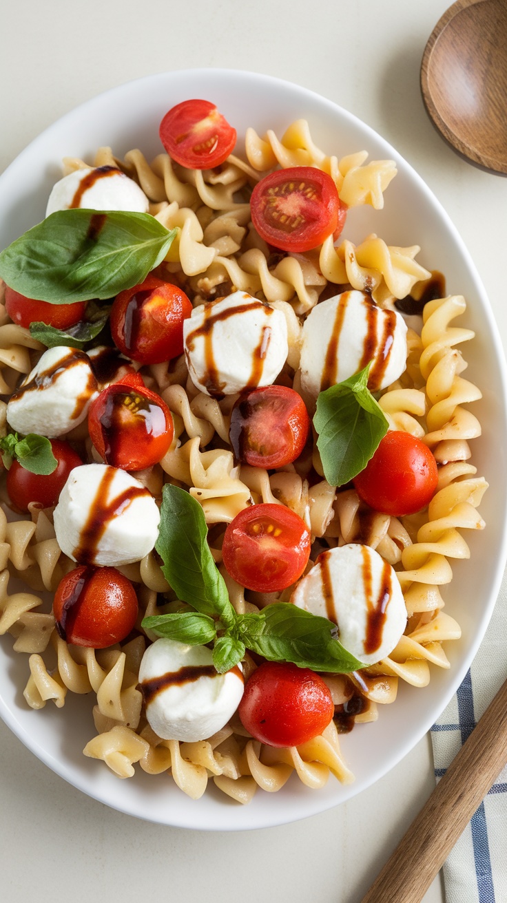 A tasteful Caprese Pasta Salad topped with cherry tomatoes, mozzarella, and basil drizzled with balsamic glaze.