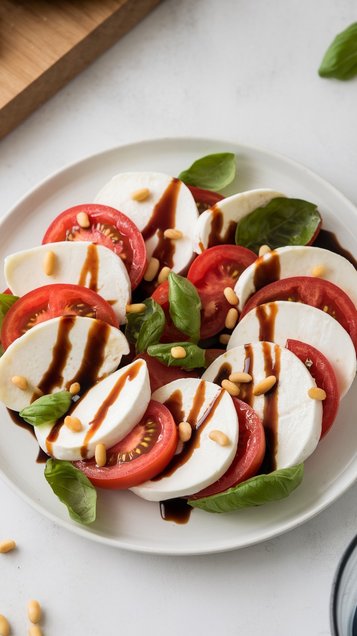 A vibrant Caprese salad with slices of mozzarella, tomatoes, and fresh basil, drizzled with balsamic glaze and sprinkled with pine nuts.