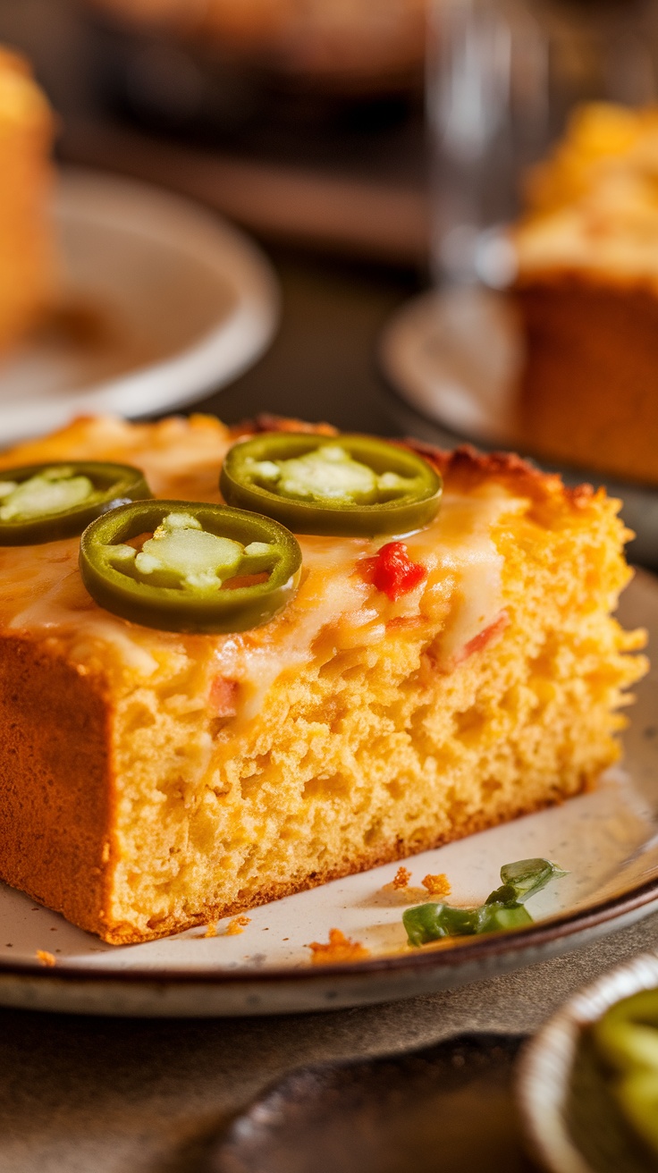 A slice of cheesy jalapeño cornbread with toppings.