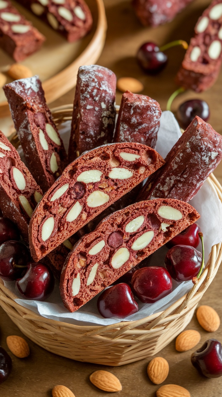 A basket containing cherry almond biscotti, fresh cherries, and almonds.