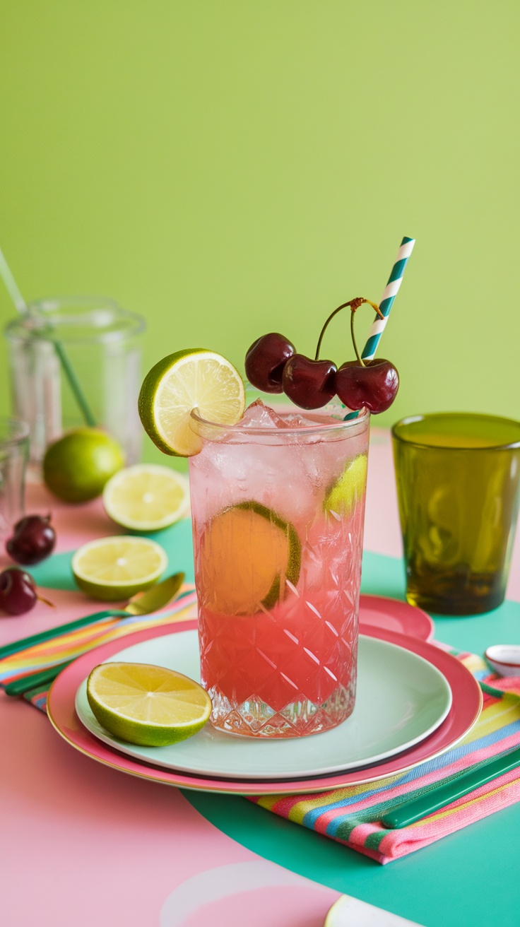 A refreshing Cherry Limeade Fizz cocktail with cherries and lime slices, set against a colorful background.