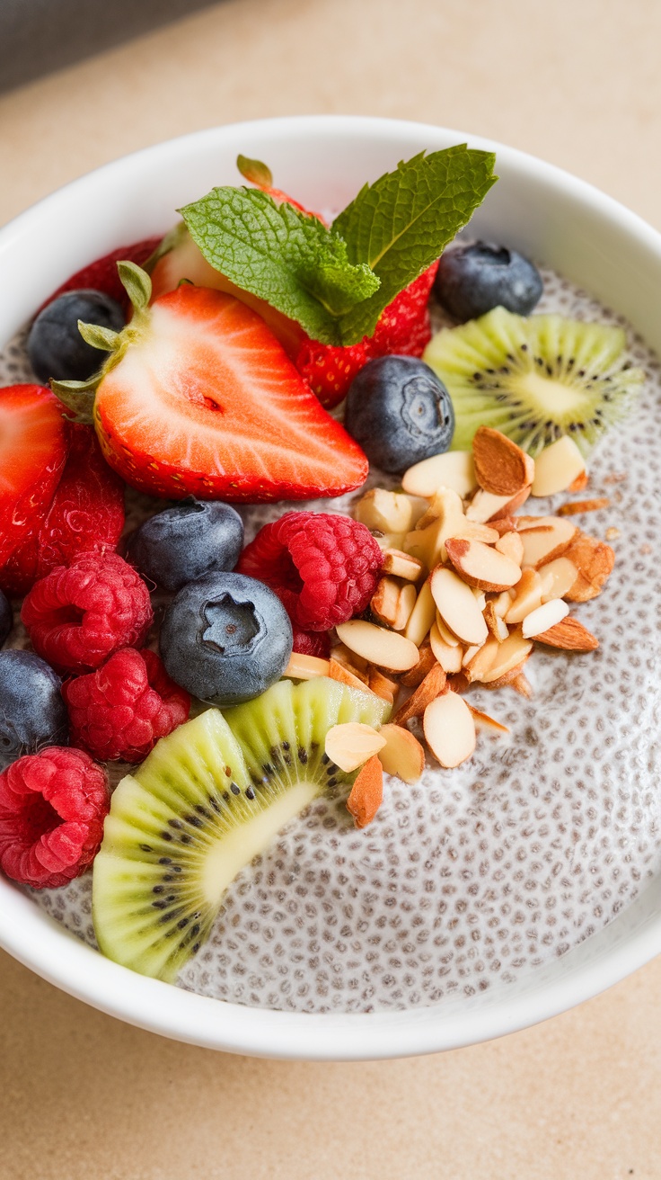 Chia seed pudding topped with fresh fruits and almonds