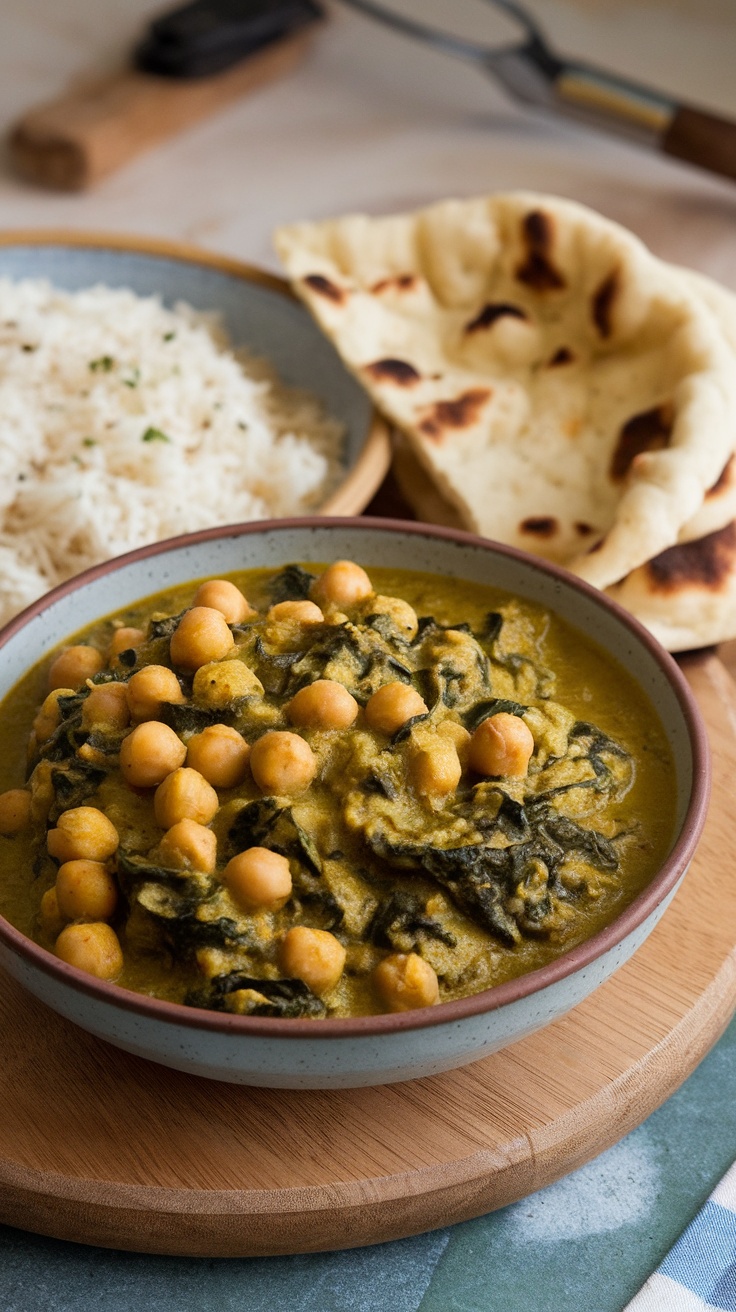 Chickpea and spinach curry served with rice and naan