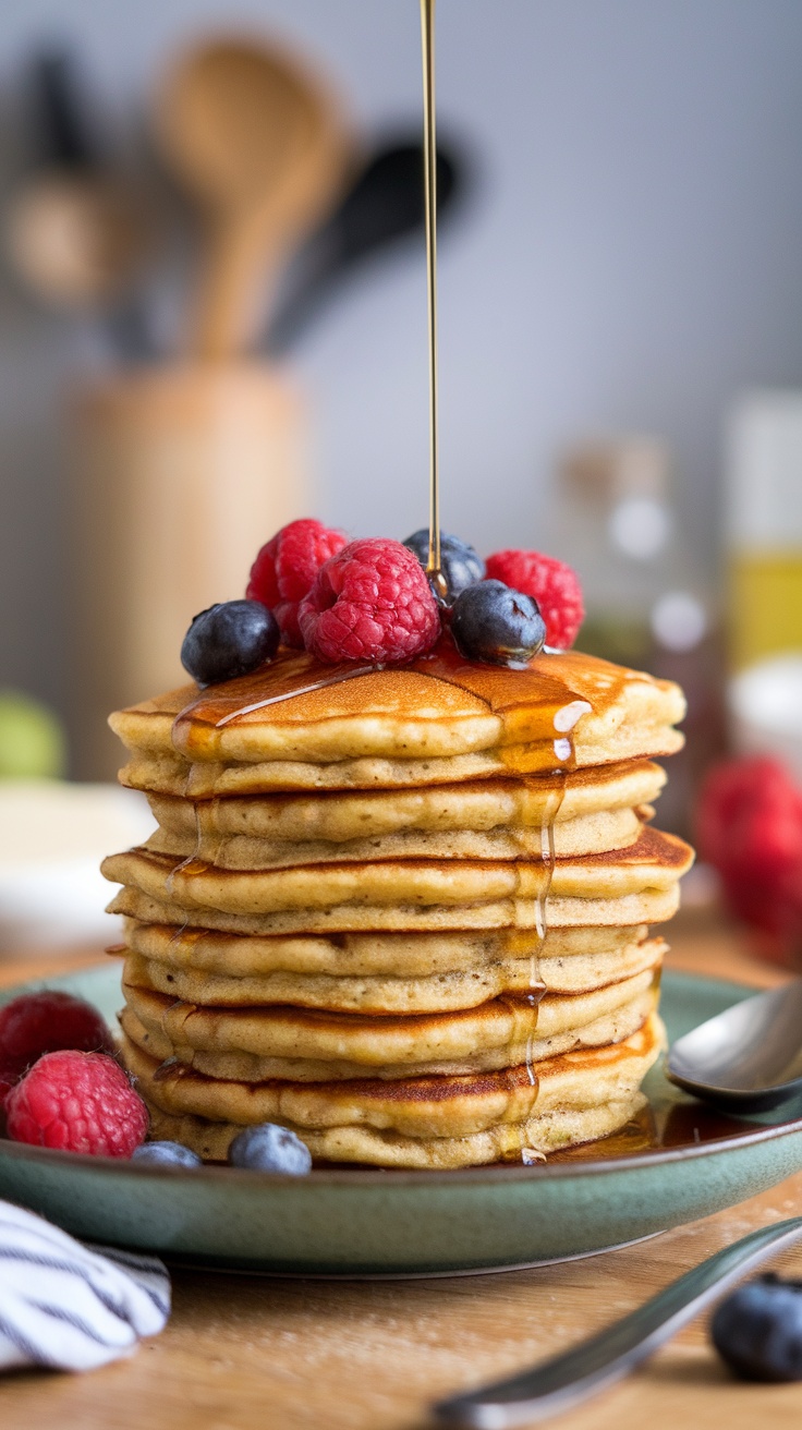 Chickpea flour pancakes topped with berries and syrup.