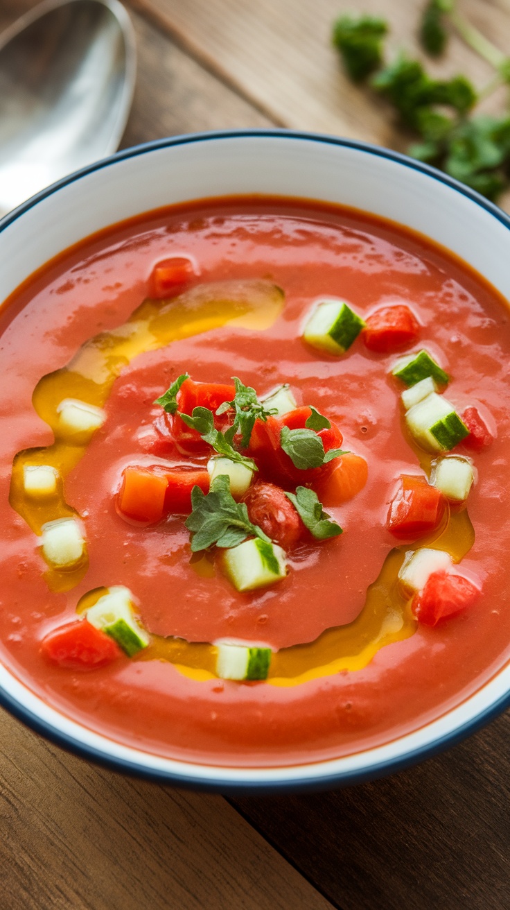 A bowl of chilled gazpacho soup with vibrant colors and fresh vegetable garnishes.