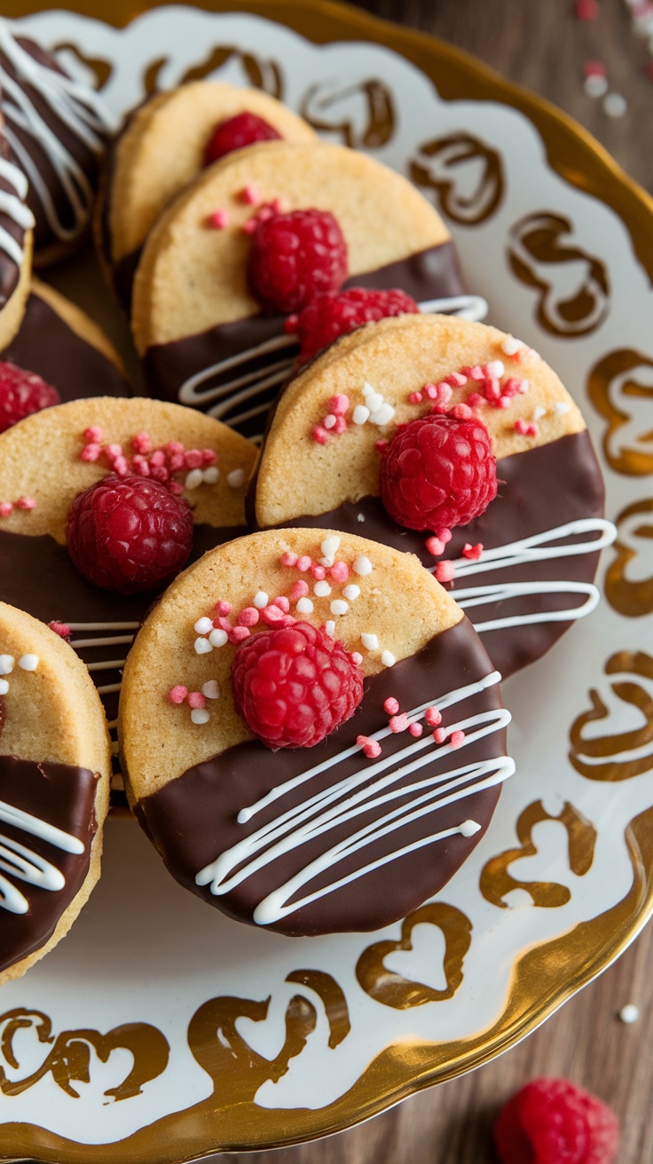 A plate of chocolate-dipped raspberry shortbread cookies topped with fresh raspberries and colorful sprinkles.