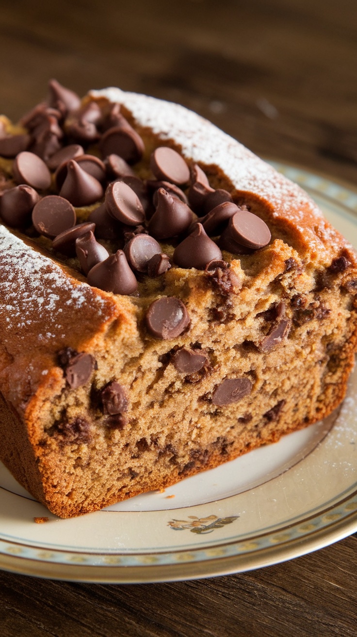 A loaf of chocolate chip banana bread with chocolate chips on top.