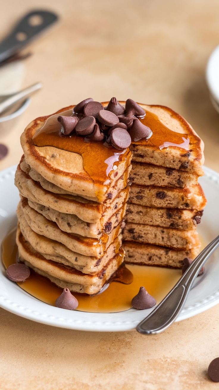 Stack of chocolate chip protein pancakes with syrup and chocolate chips on top.