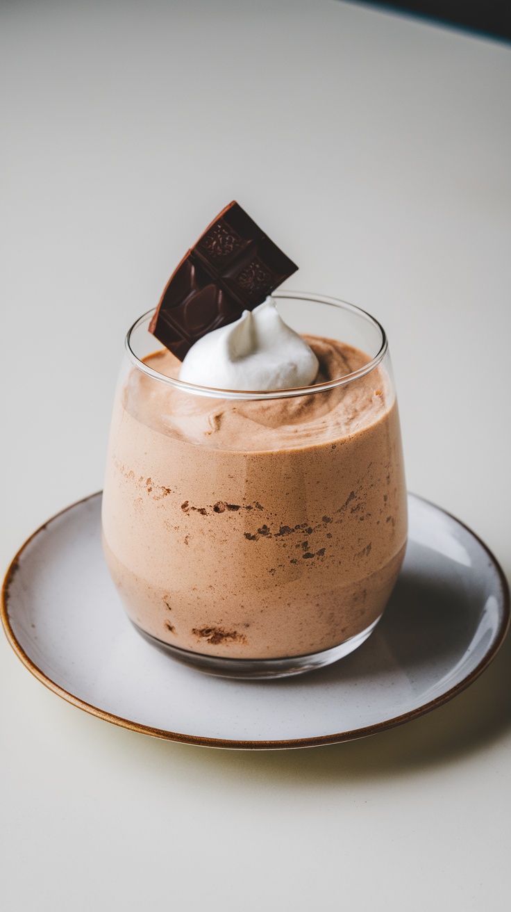 A delicious chocolate cottage cheese mousse served in a glass with a dollop of whipped cream and a piece of chocolate on top.