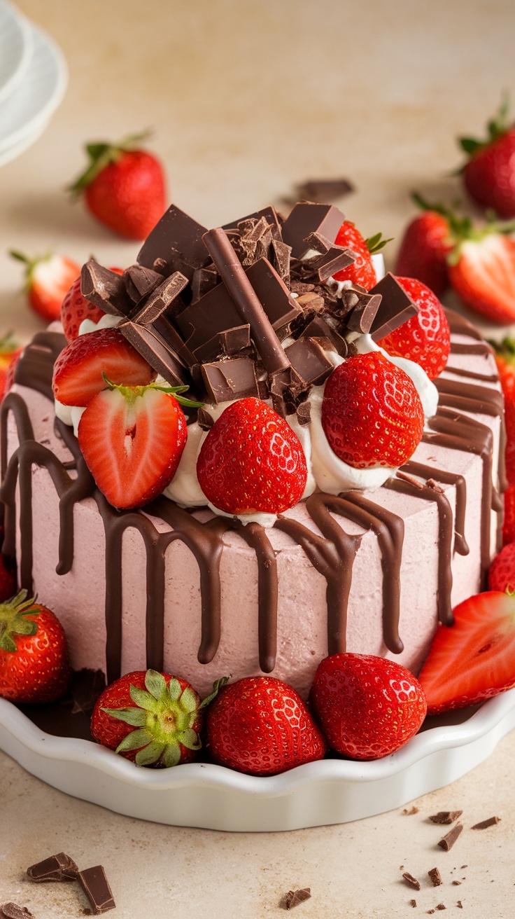 A delicious strawberry cheesecake dump cake topped with chocolate drizzle and fresh strawberries.