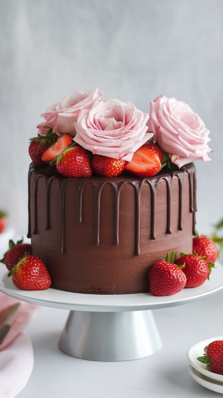 A chocolate ganache drip cake decorated with pink roses and strawberries on a stand.