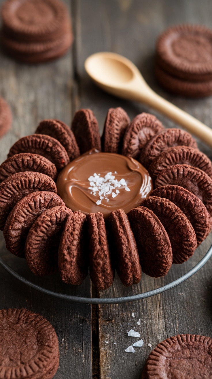 Chocolate hazelnut cookies arranged around a bowl of Nutella, sprinkled with sea salt.