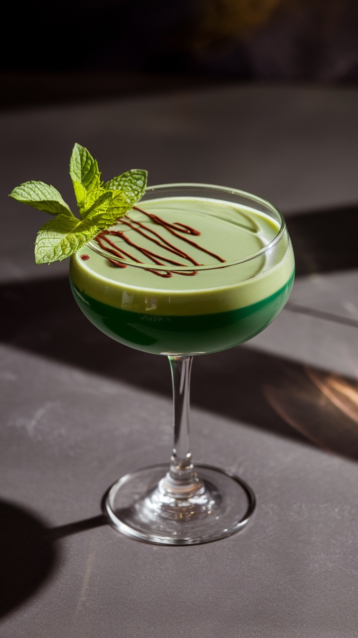 A Chocolate Mint Martini garnished with mint leaves and chocolate drizzle.