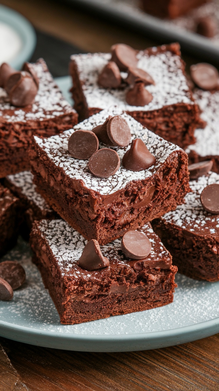 Chocolate protein brownies stacked on a plate with chocolate chips on top.