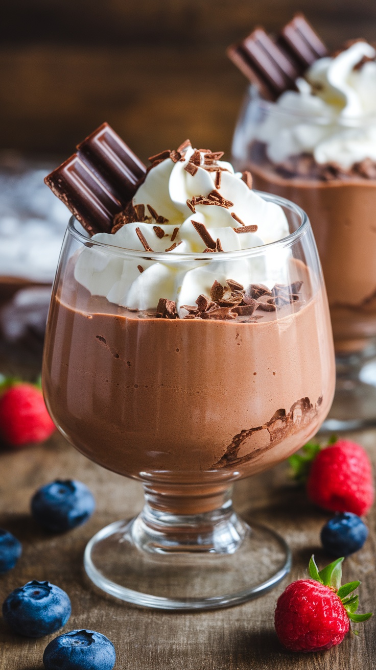 Creamy Chocolate Protein Pudding topped with whipped cream and chocolate shavings