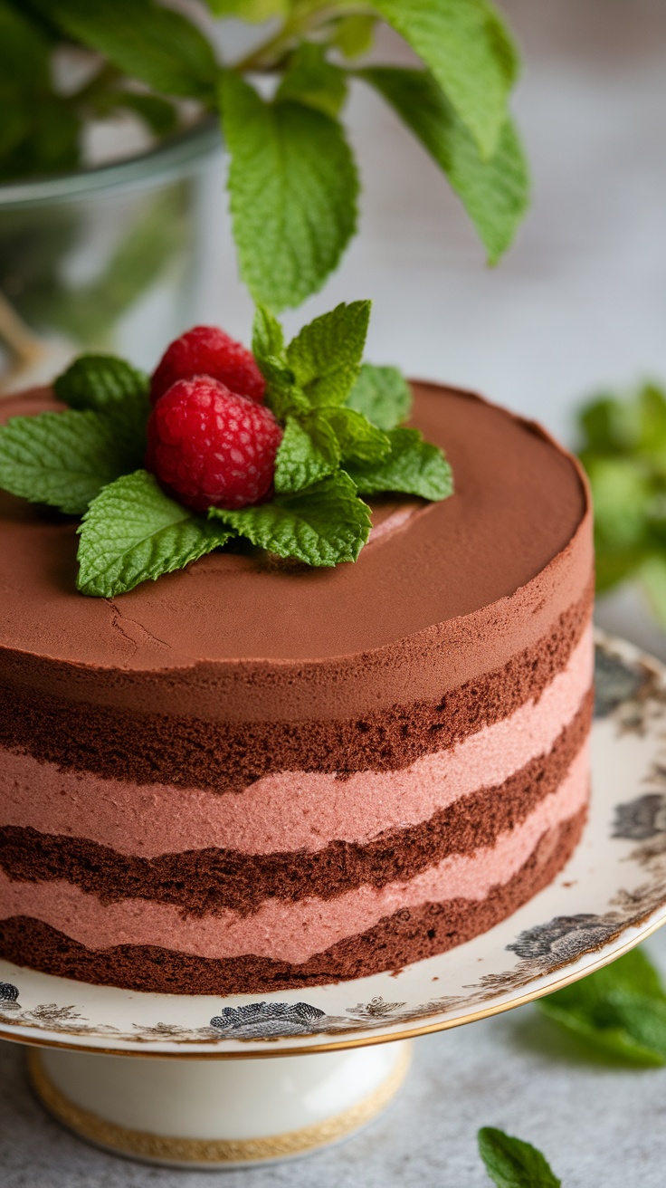 Chocolate raspberry mousse cake with fresh raspberries and mint leaves on top