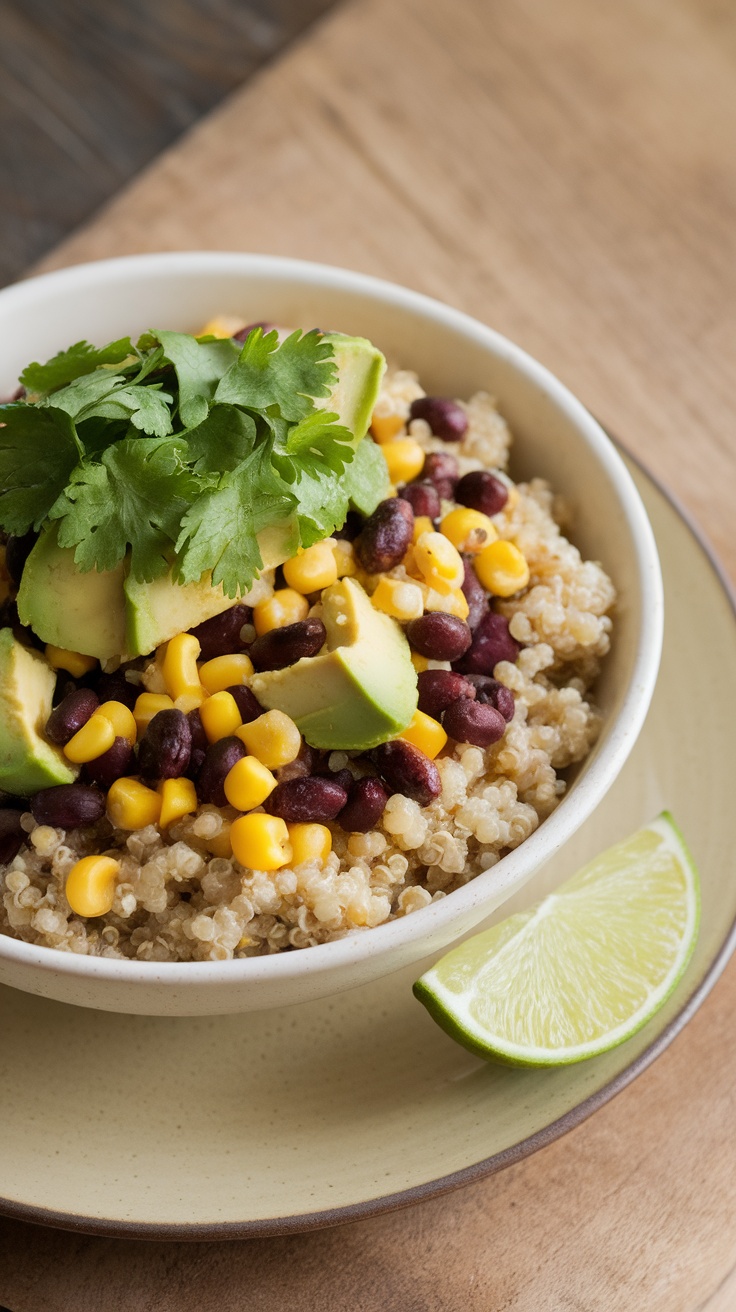 A bowl of quinoa topped with black beans, corn, avocado, and cilantro, served with a lime wedge.