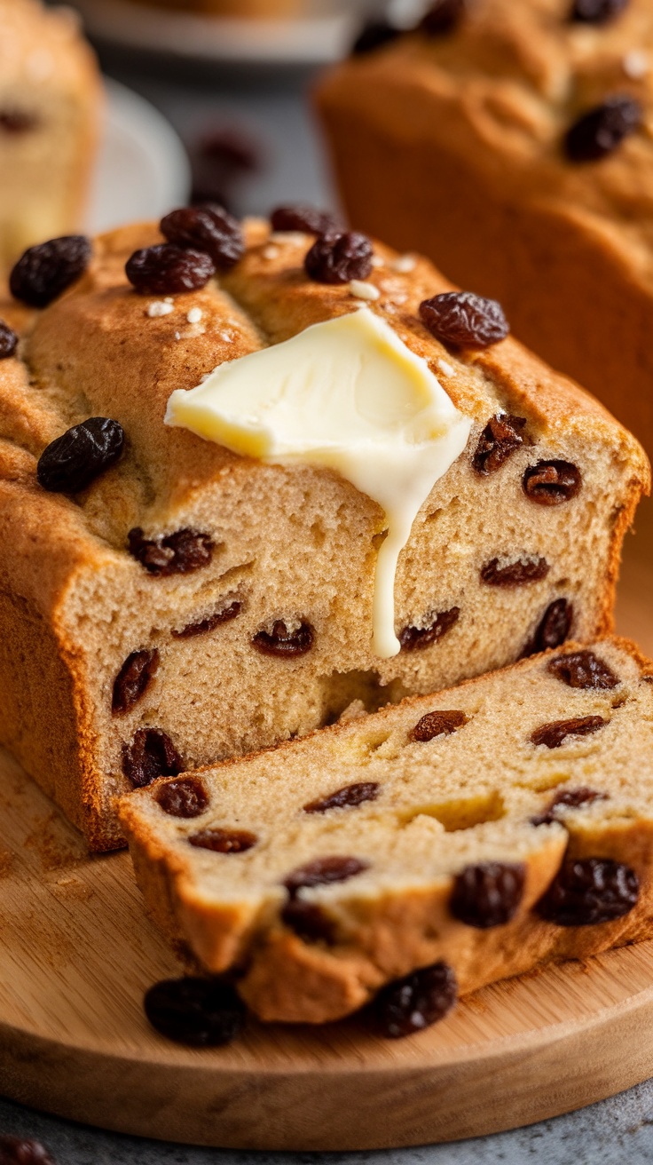 Sliced cinnamon raisin bread with butter