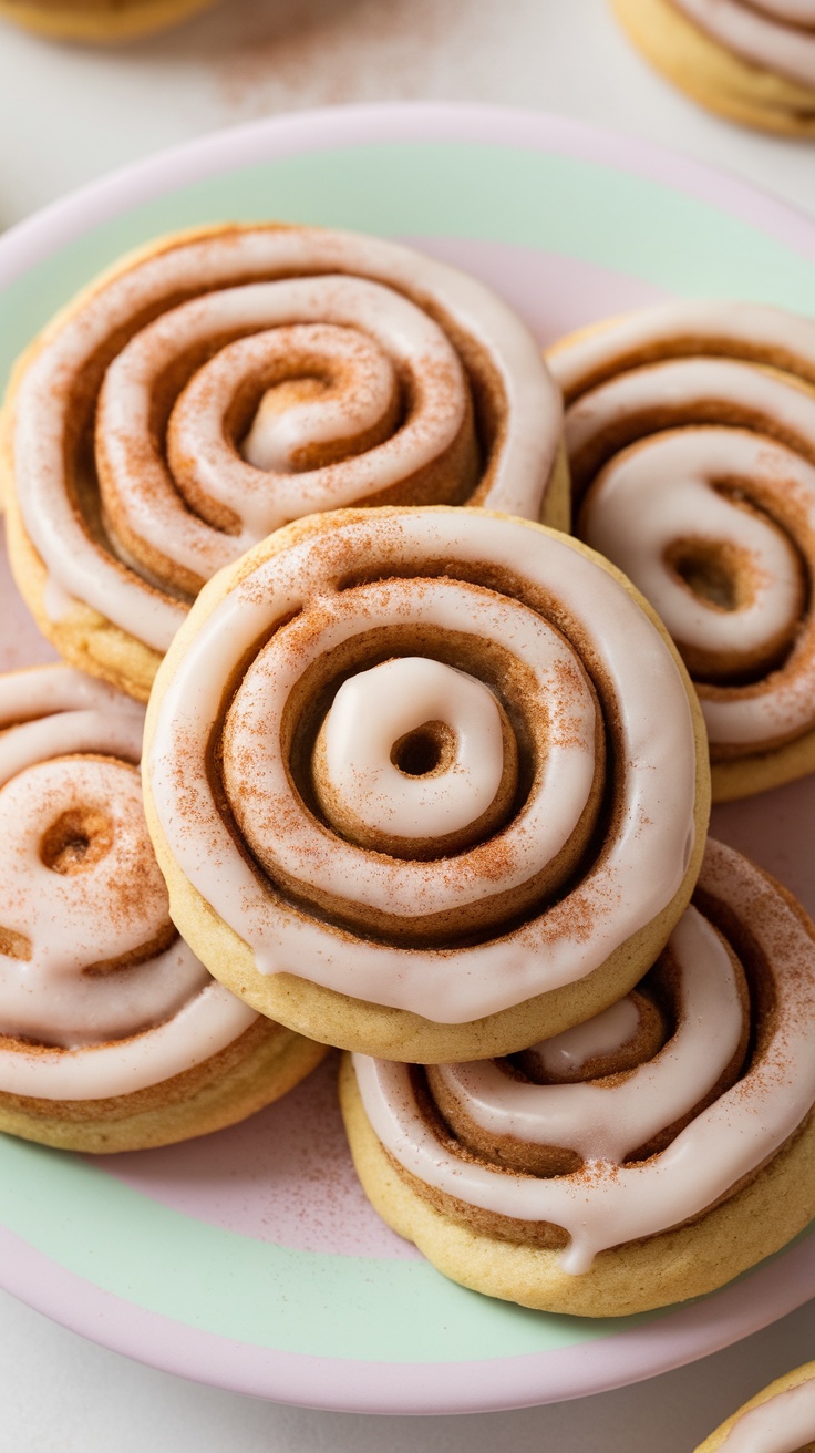 A close-up of cinnamon roll cookies drizzled with pink icing.