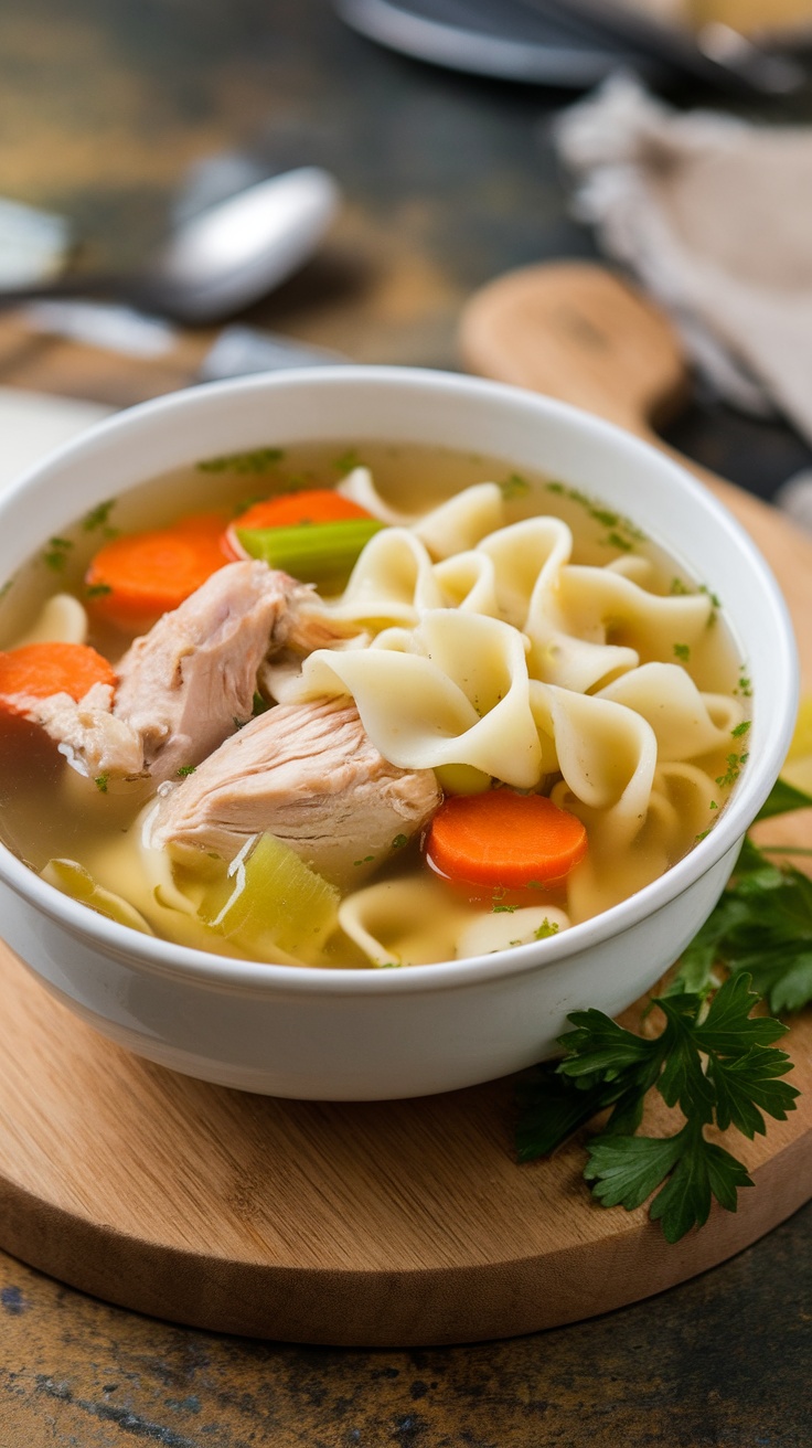 A bowl of classic chicken noodle soup with chicken, noodles, carrots, and celery.