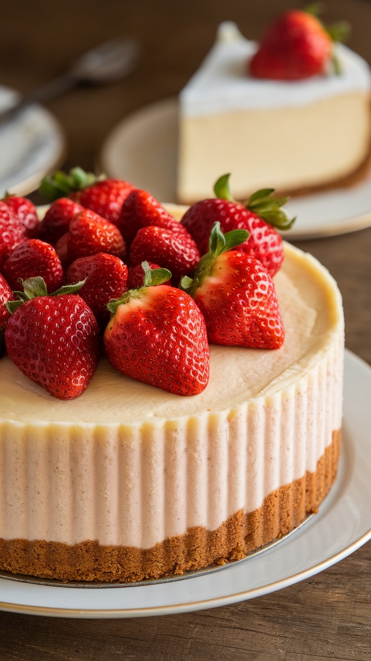 A classic strawberry cheesecake dump cake topped with fresh strawberries.