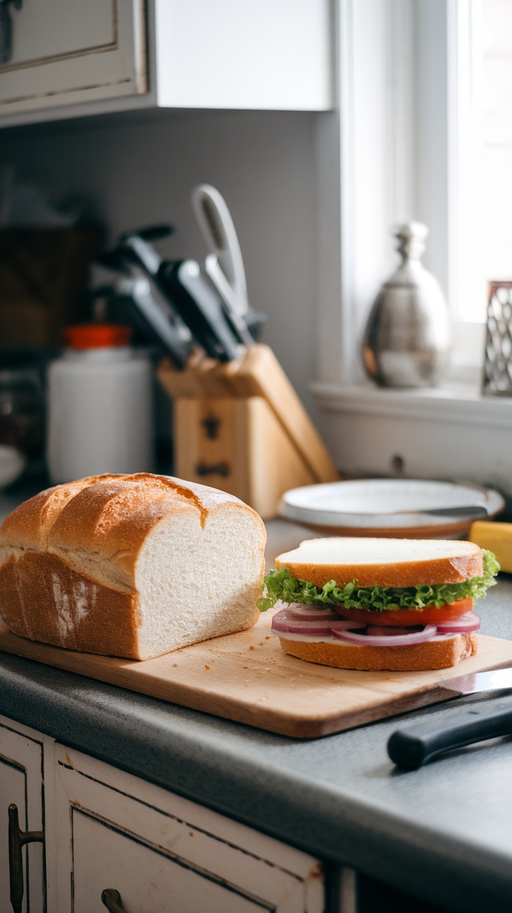 Freshly baked classic white sandwich bread on a cutting board with a sandwich made of lettuce, tomato, and onions