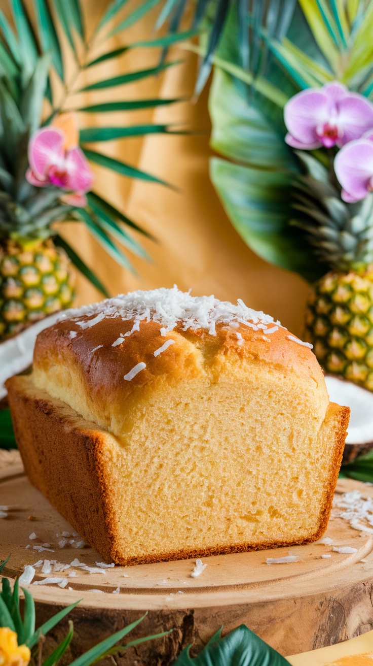 A loaf of coconut bread with a golden crust and shredded coconut on top, sitting on a wooden board with tropical decorations.