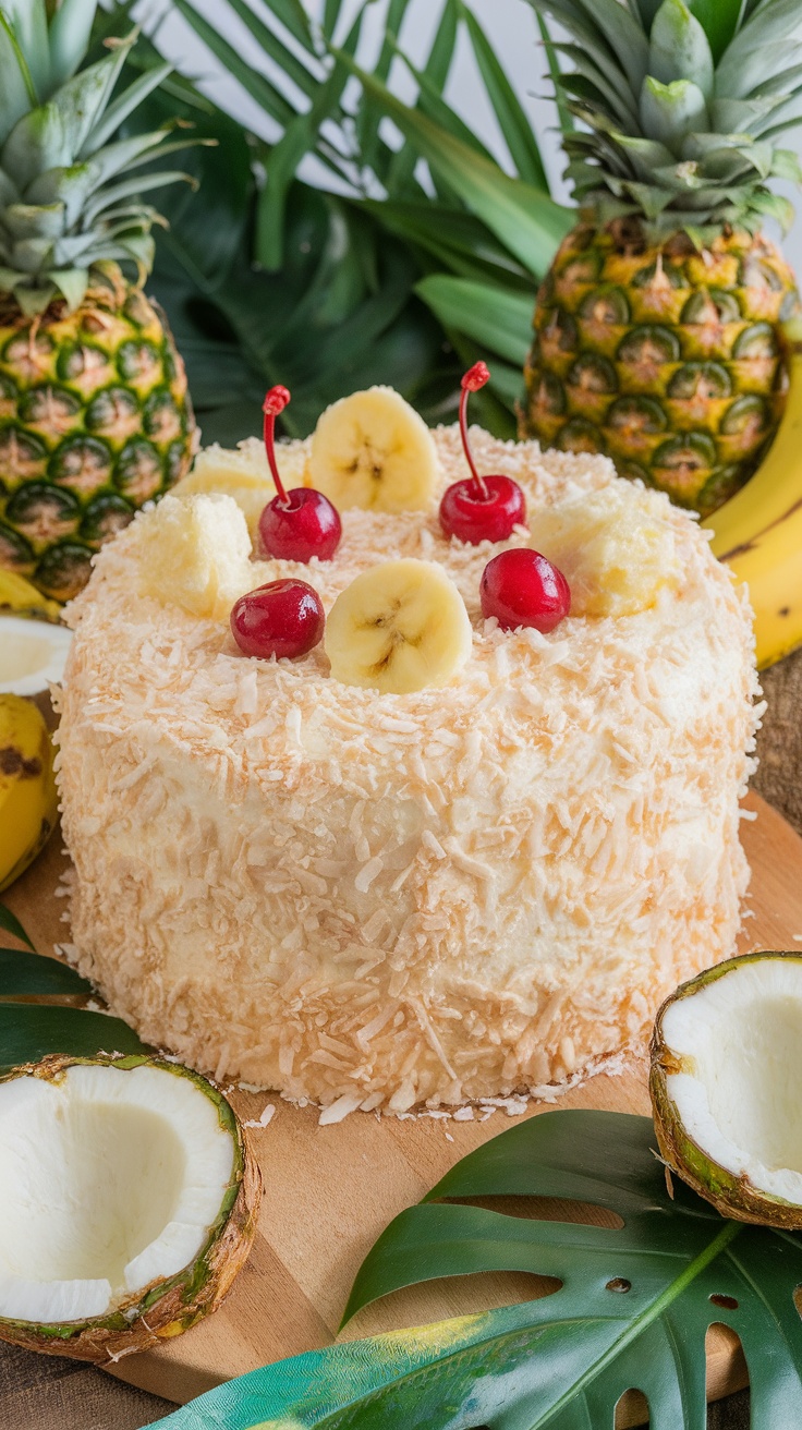 A beautifully decorated coconut cream cake with bananas and cherries on top, surrounded by tropical fruits.