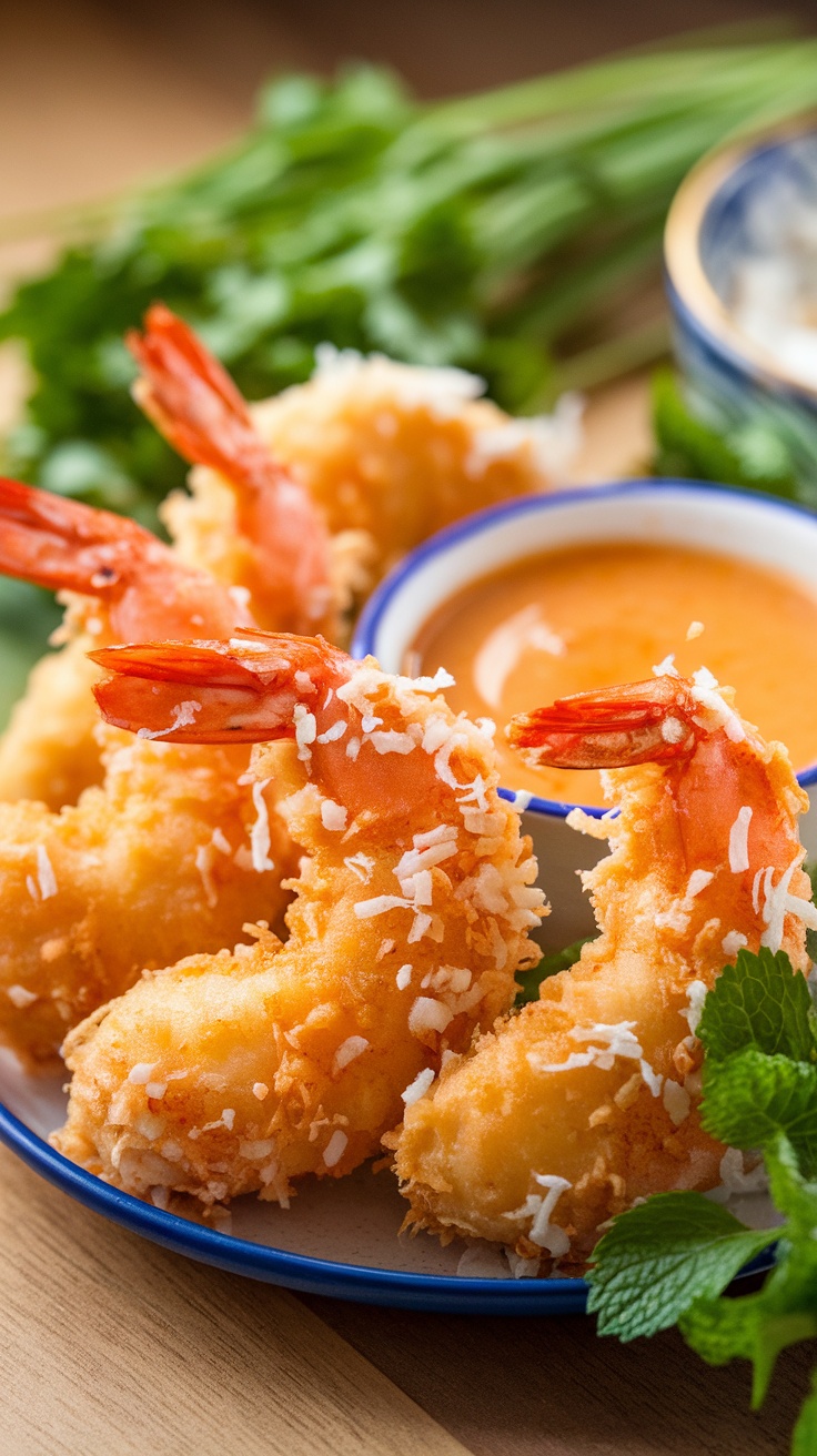 A plate of coconut shrimp with a dipping sauce