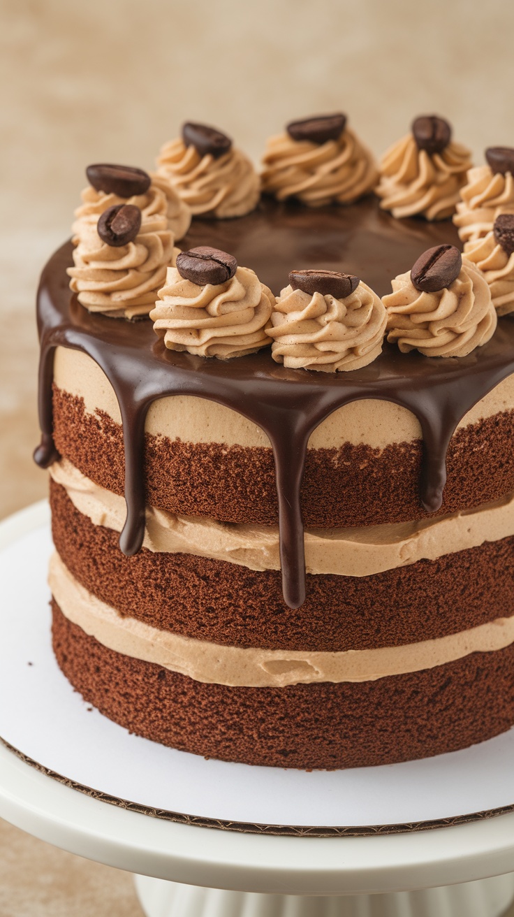 A delicious Coffee Mocha Layer Cake with chocolate ganache and coffee bean decorations.