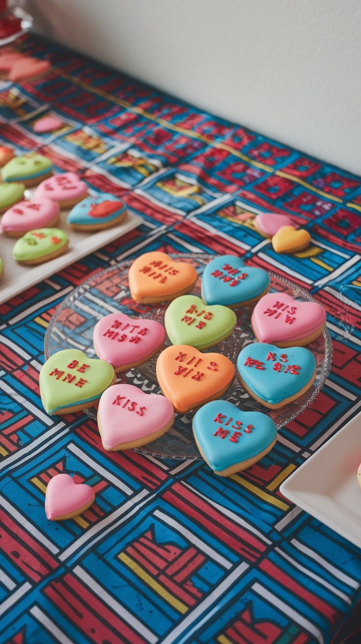 Colorful heart-shaped cookies with sweet messages on a vibrant tablecloth.