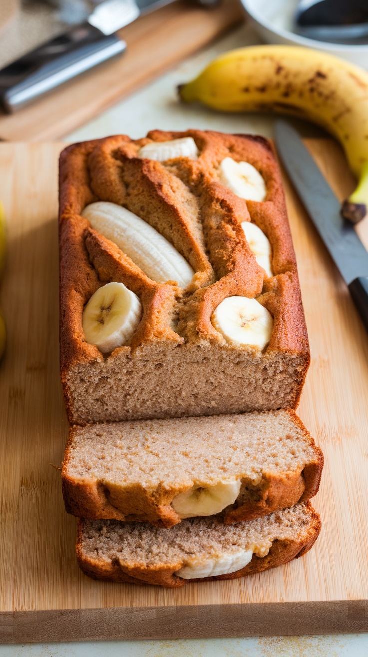 A loaf of cottage cheese banana bread with sliced bananas on top.