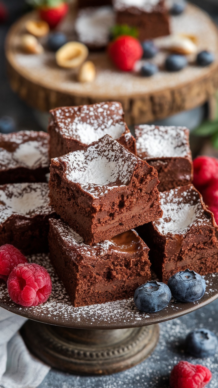 Delicious looking chocolate brownies topped with powdered sugar, surrounded by fresh berries.