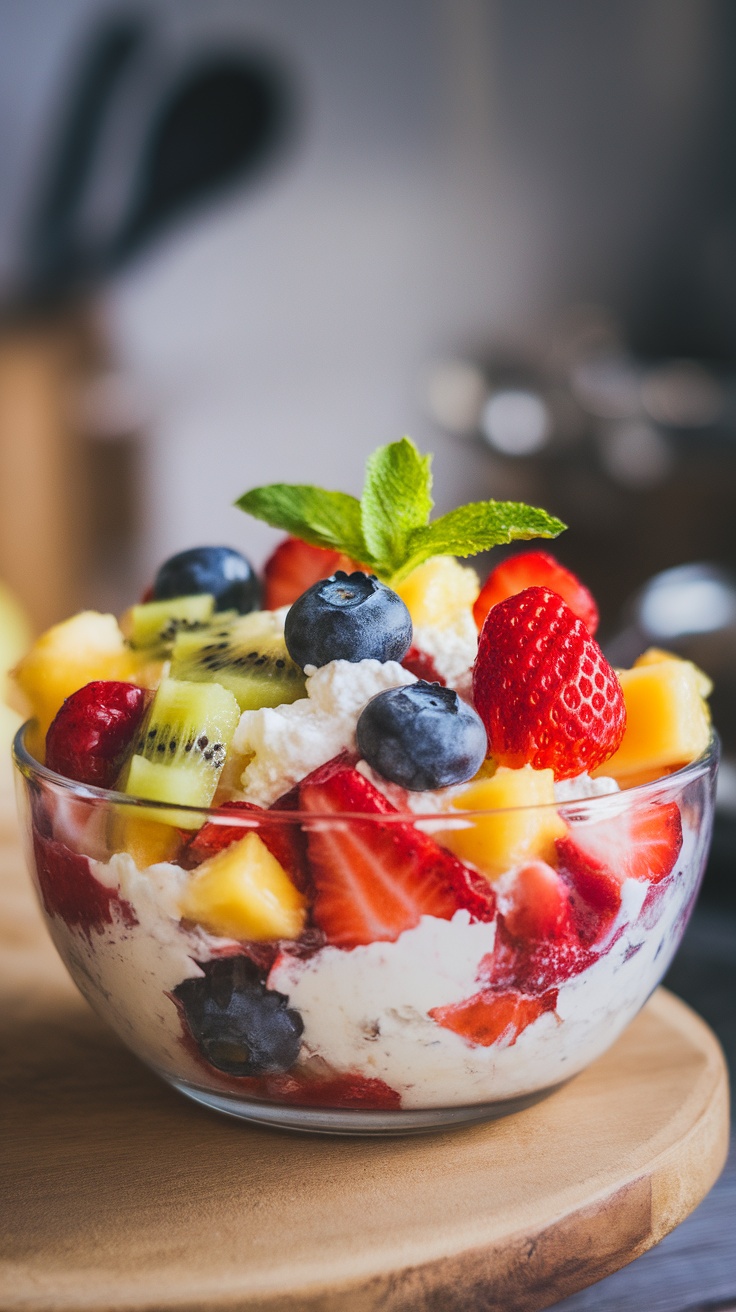 A bowl of colorful cottage cheese fruit salad with various fruits and mint leaves.