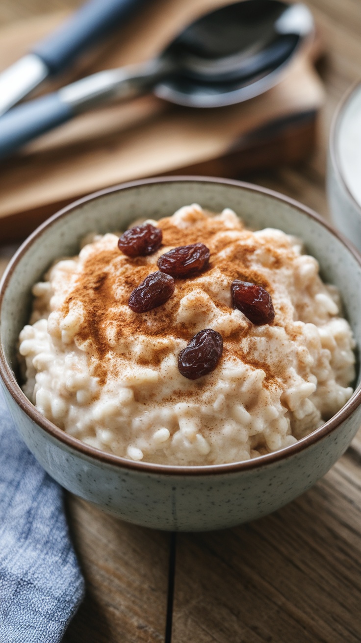 A bowl of creamy rice pudding topped with cinnamon and raisins.